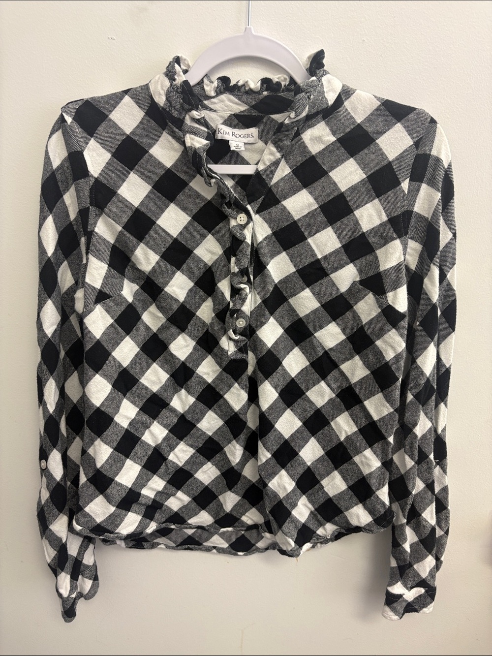 Kim Rogers Black and White Gingham Ruffle Collar Button-Down Top
